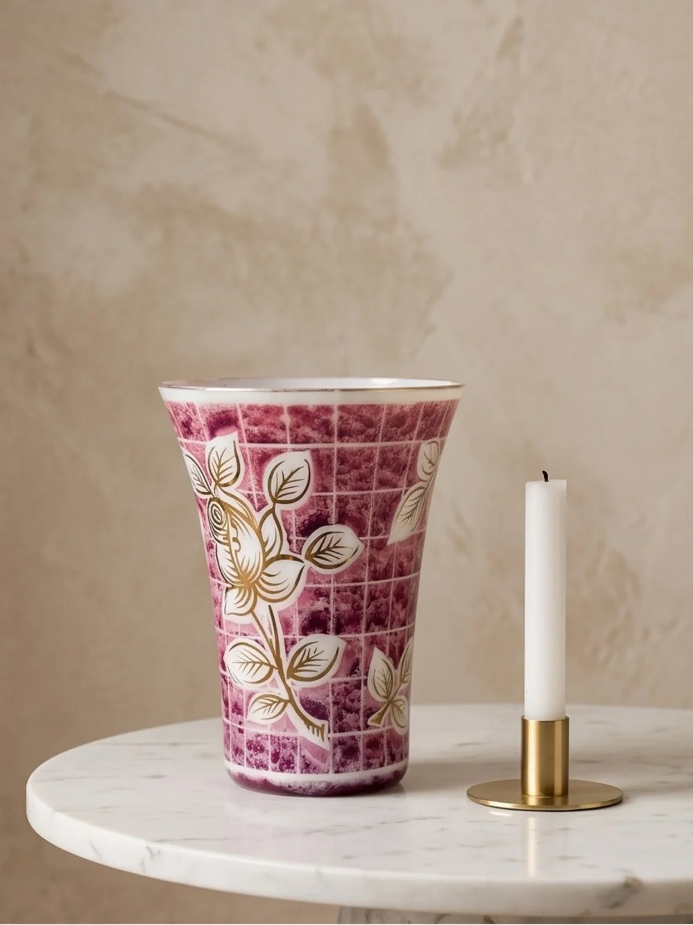 Decorative Pink Ceramic Vase with Gold Leaf Floral Motif